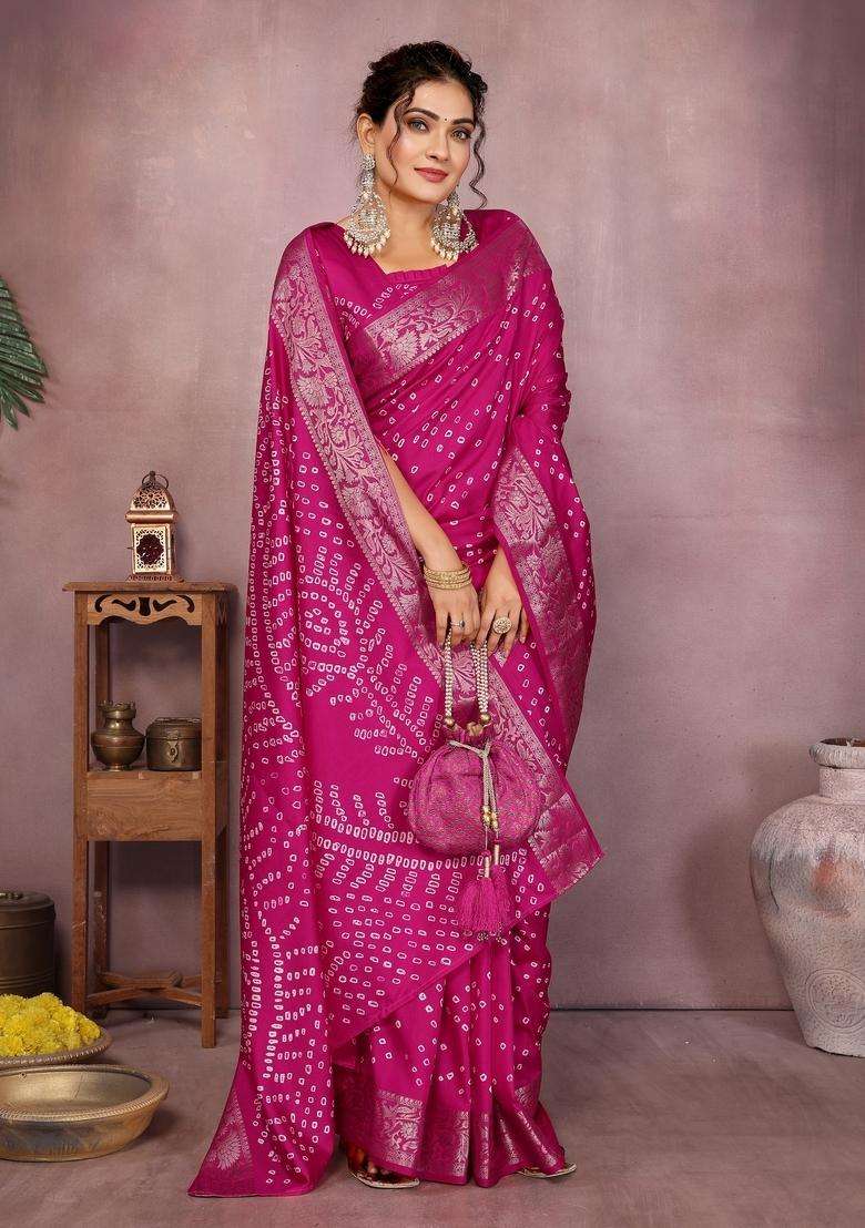 Magenta Zari Work Silk Blend Saree Set - Indya