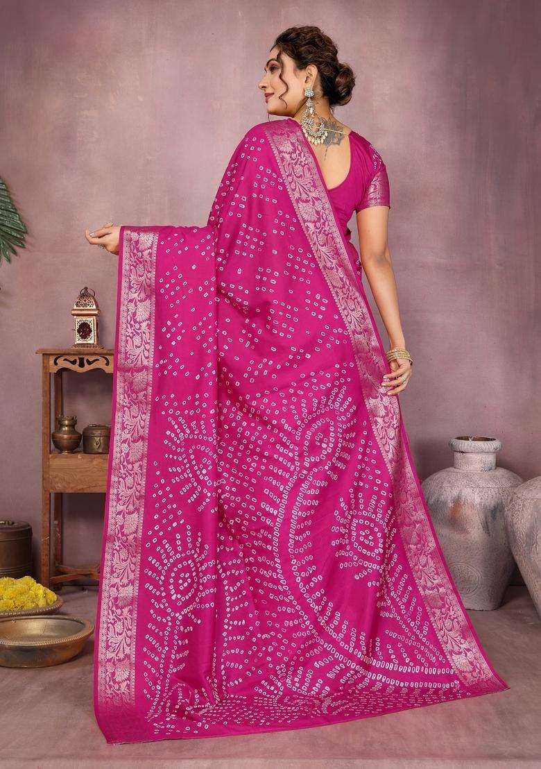 Magenta Zari Work Silk Blend Saree Set - Indya