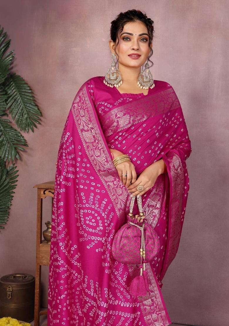 Magenta Zari Work Silk Blend Saree Set - Indya