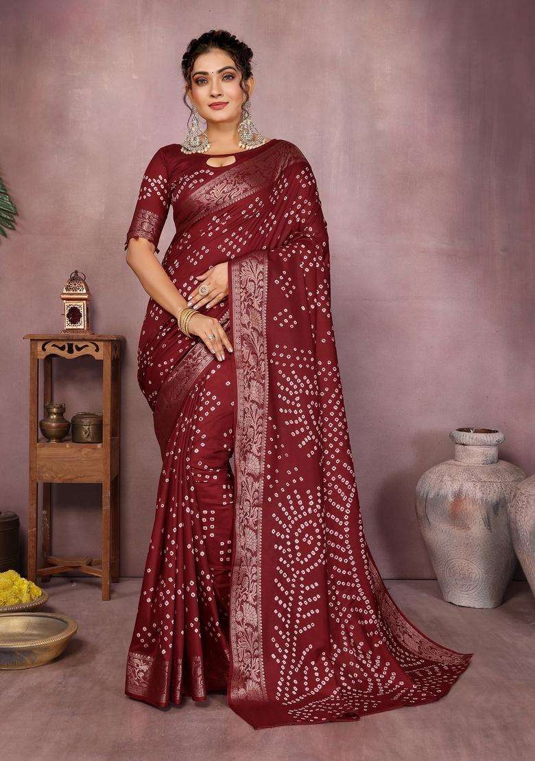Brown Zari Work Silk Blend Saree Set - Indya
