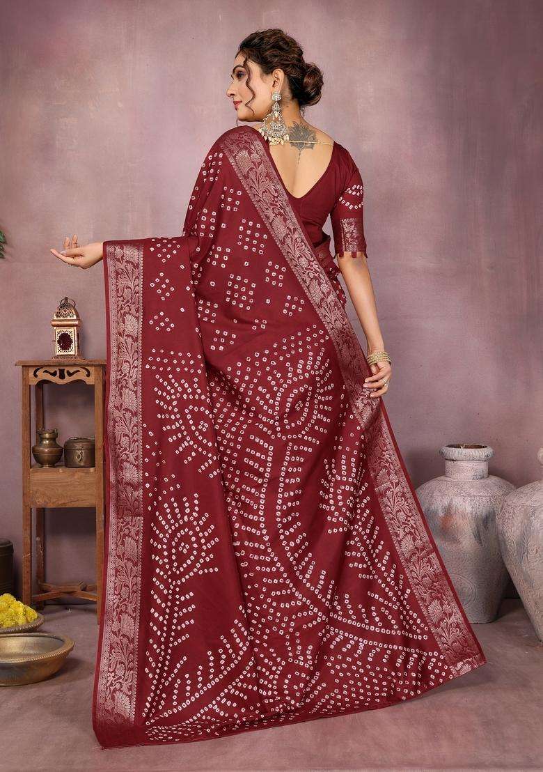 Brown Zari Work Silk Blend Saree Set - Indya