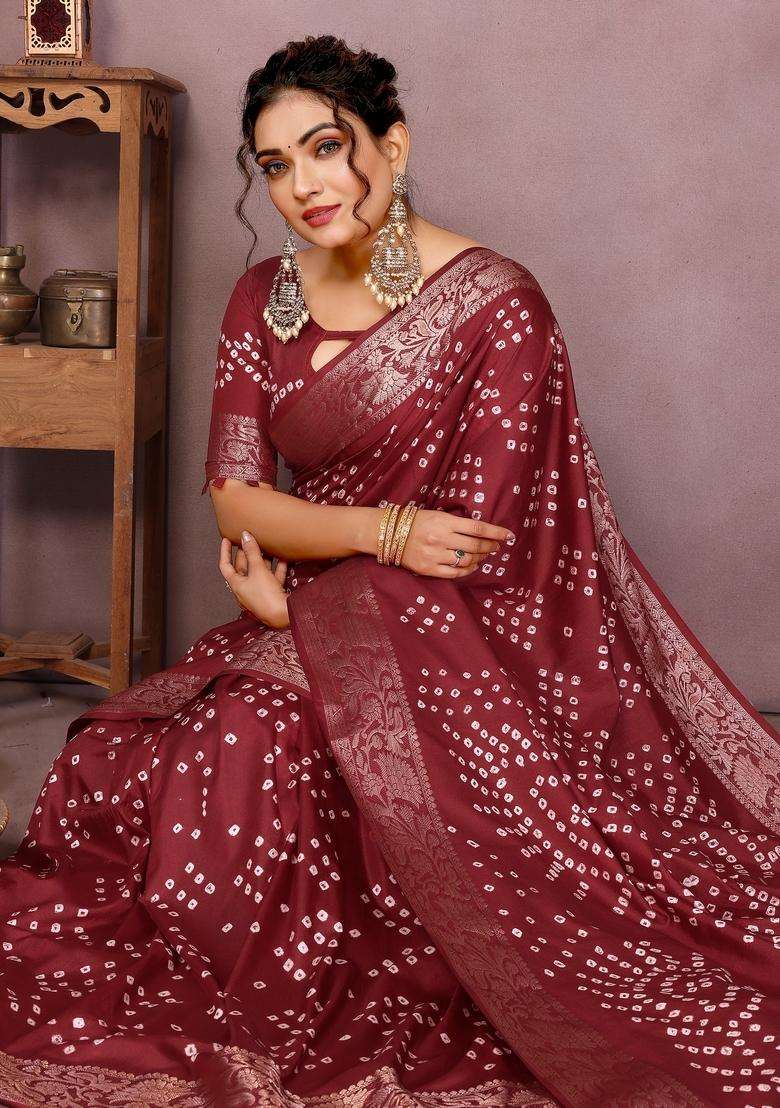 Brown Zari Work Silk Blend Saree Set - Indya
