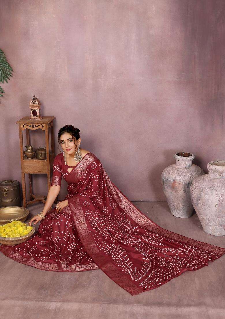 Brown Zari Work Silk Blend Saree Set - Indya