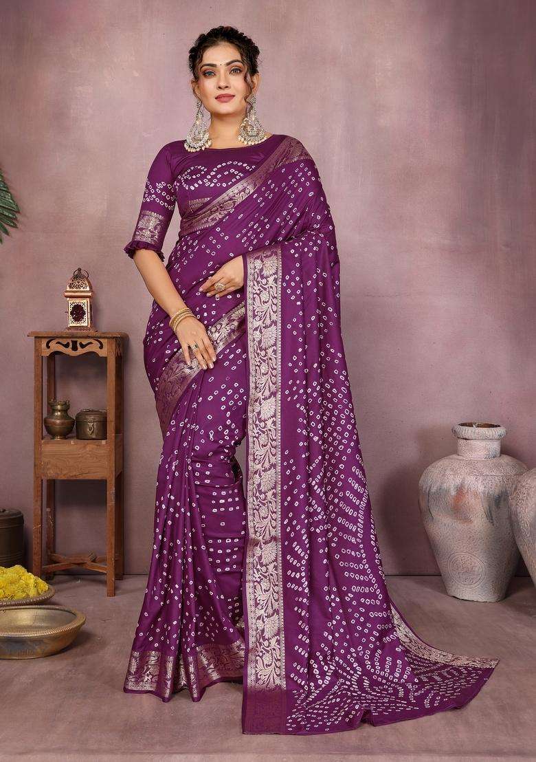 Wine Zari Work Silk Blend Saree Set - Indya
