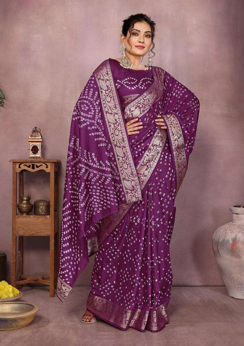 Wine Zari Work Silk Blend Saree Set - Indya