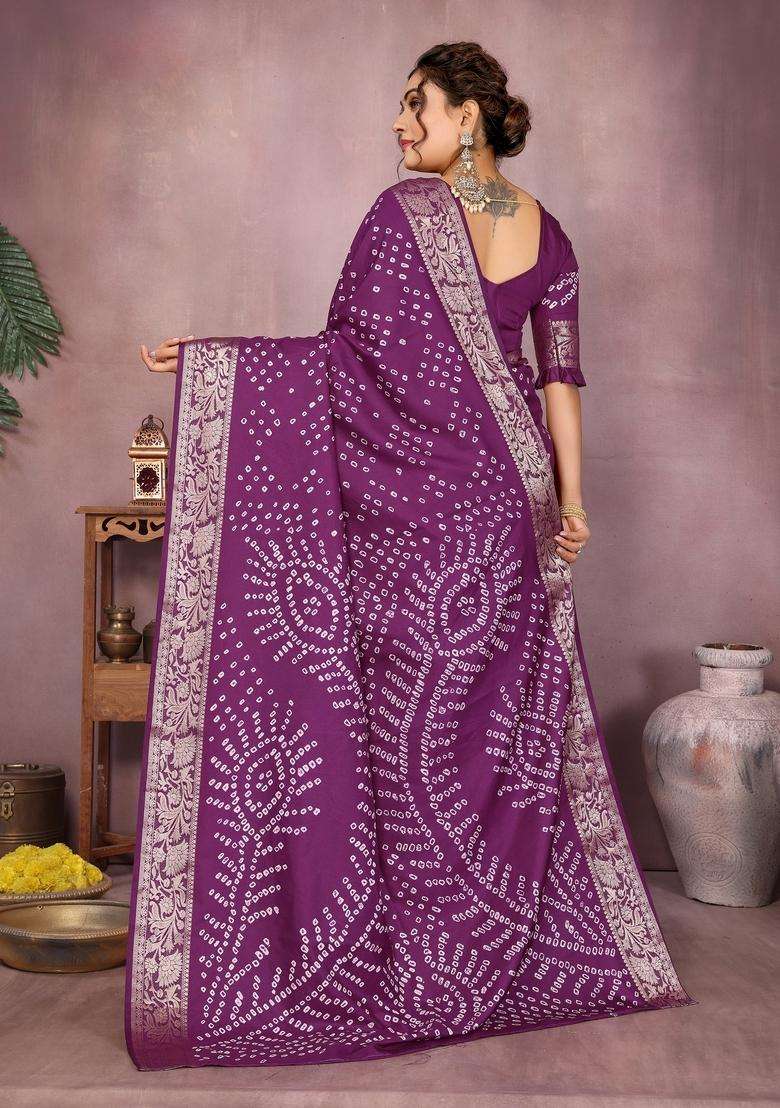 Wine Zari Work Silk Blend Saree Set - Indya