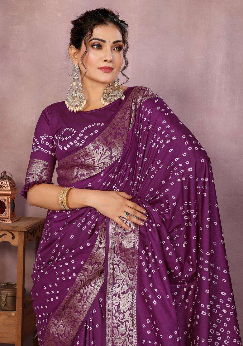 Wine Zari Work Silk Blend Saree Set - Indya