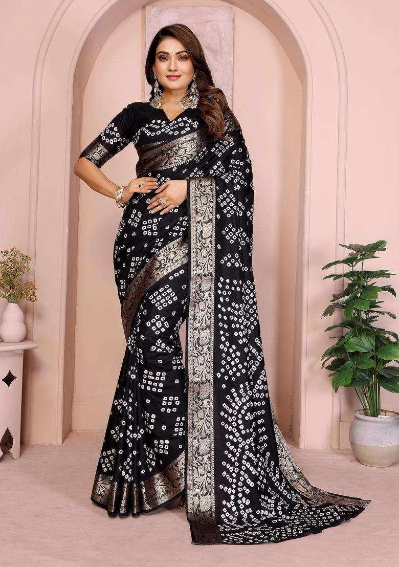 Black Zari Work Silk Blend Saree Set - Indya