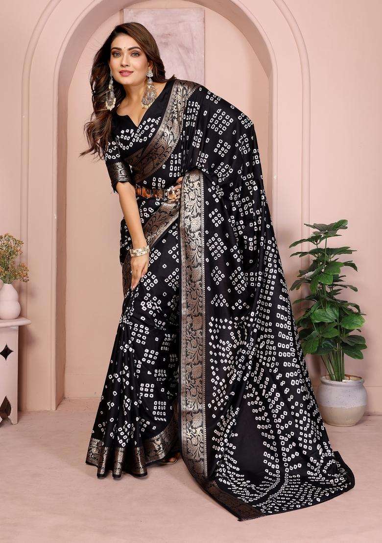Black Zari Work Silk Blend Saree Set - Indya