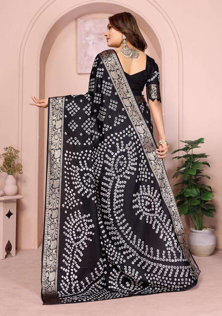 Black Zari Work Silk Blend Saree Set - Indya