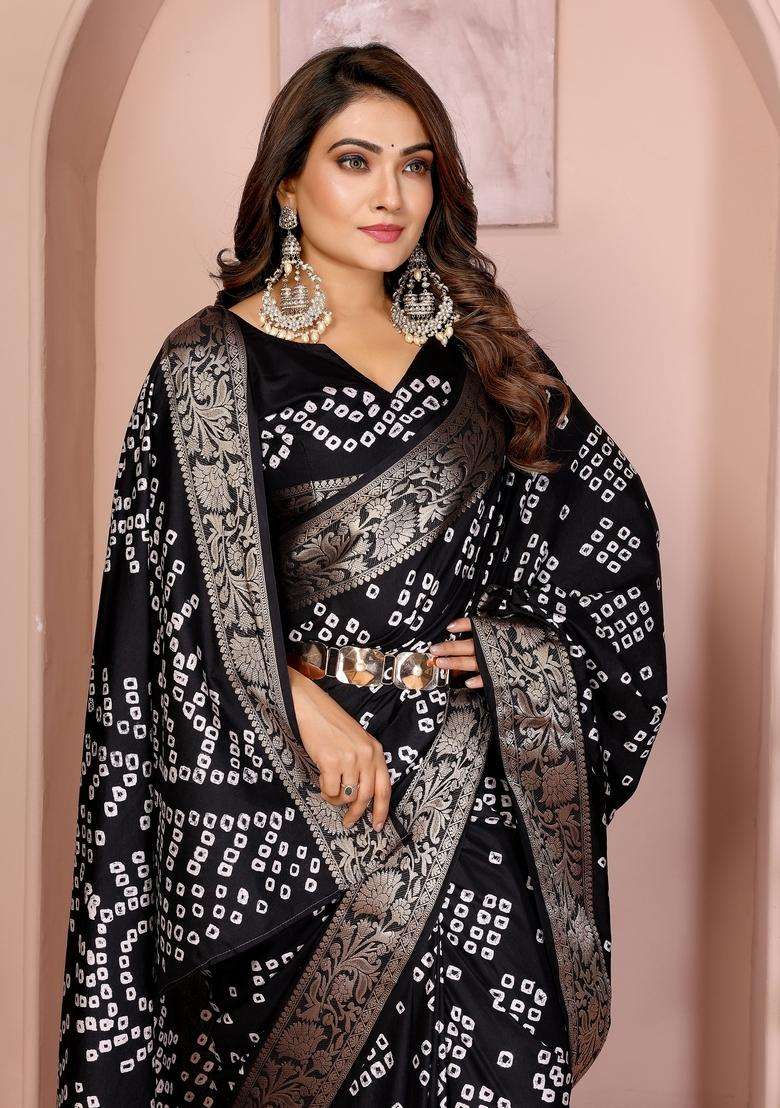 Black Zari Work Silk Blend Saree Set - Indya