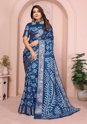Teal Blue Zari Work Silk Saree Set