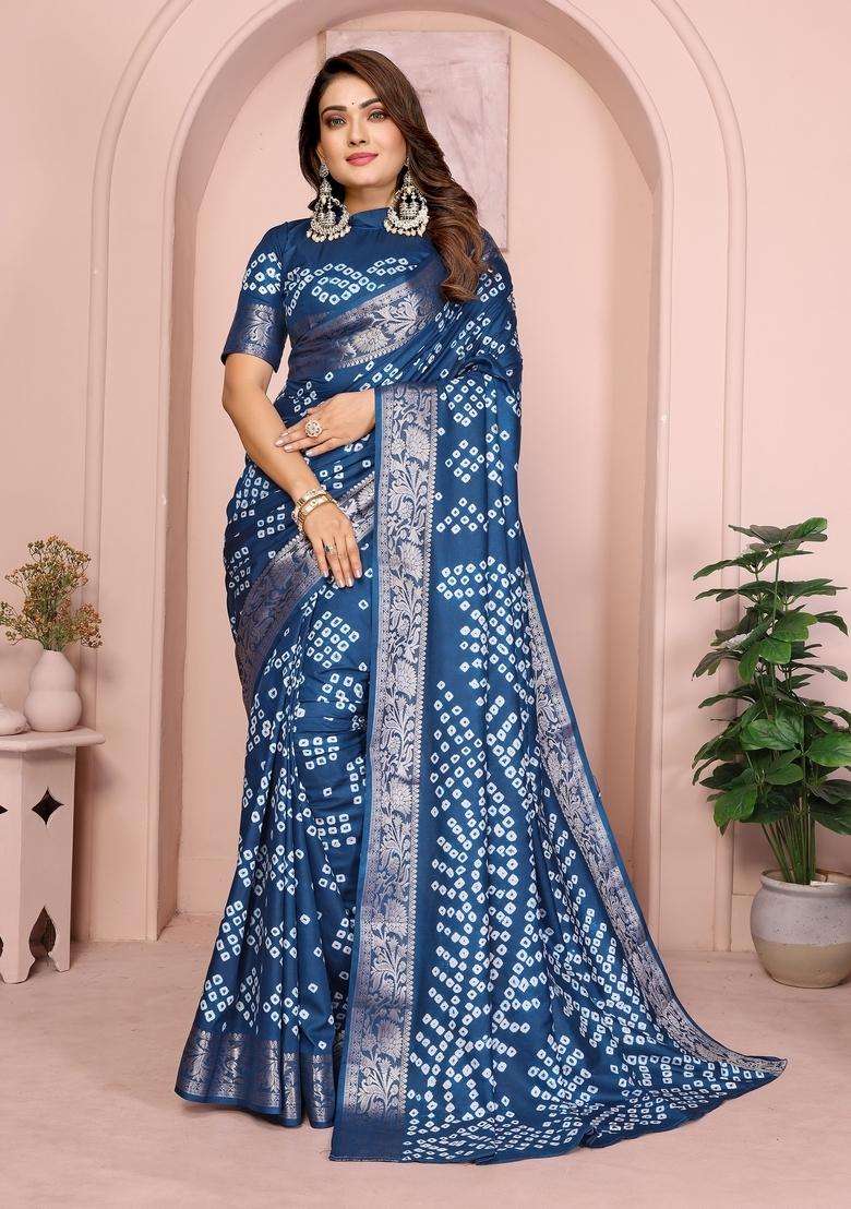 Teal Blue Zari Work Silk Blend Saree Set - Indya