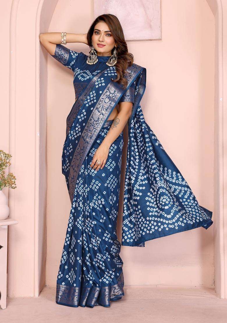 Teal Blue Zari Work Silk Blend Saree Set - Indya