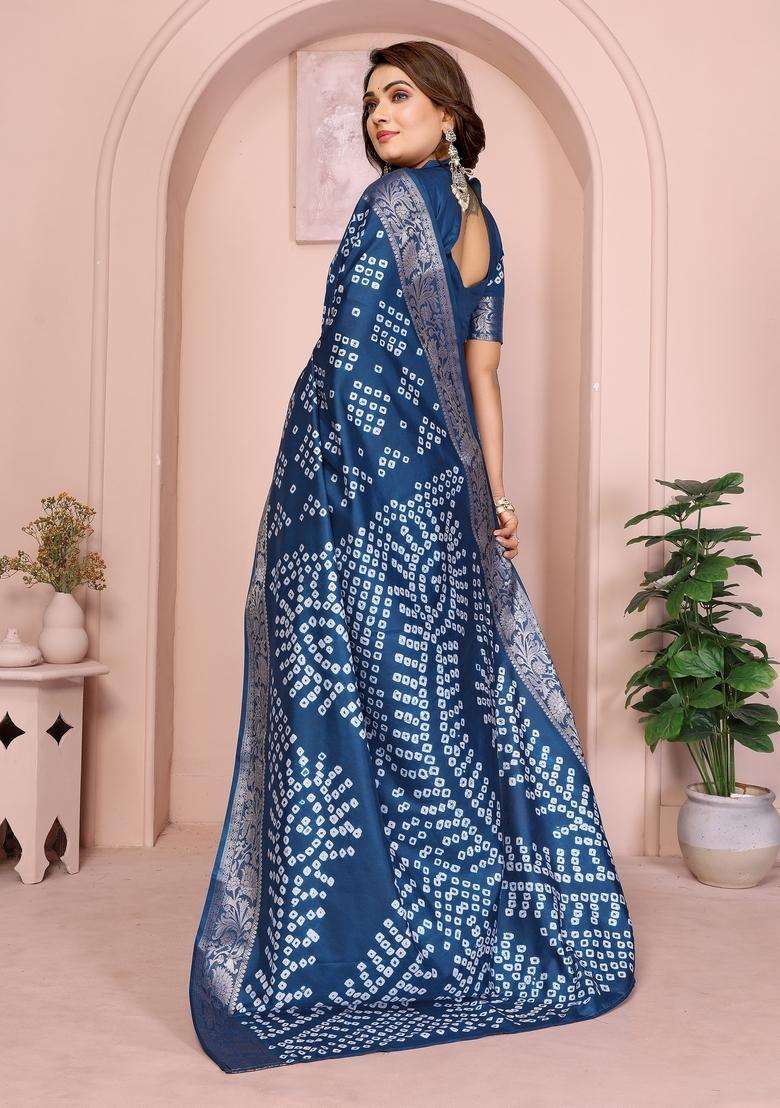 Teal Blue Zari Work Silk Blend Saree Set - Indya