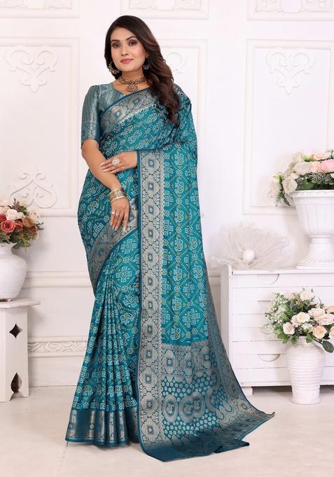 Aqua Zari Work Silk Saree Set