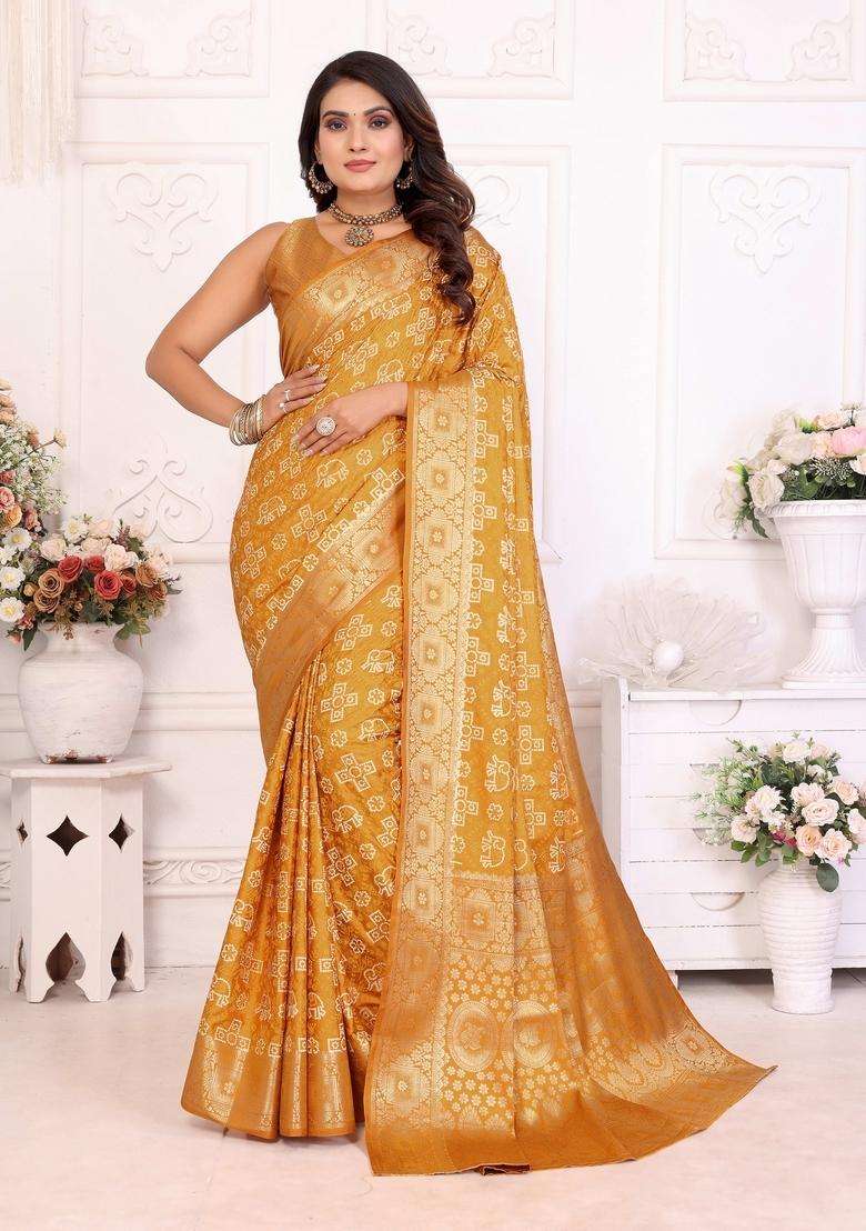 Mustard Zari Work Silk Blend Saree Set - Indya
