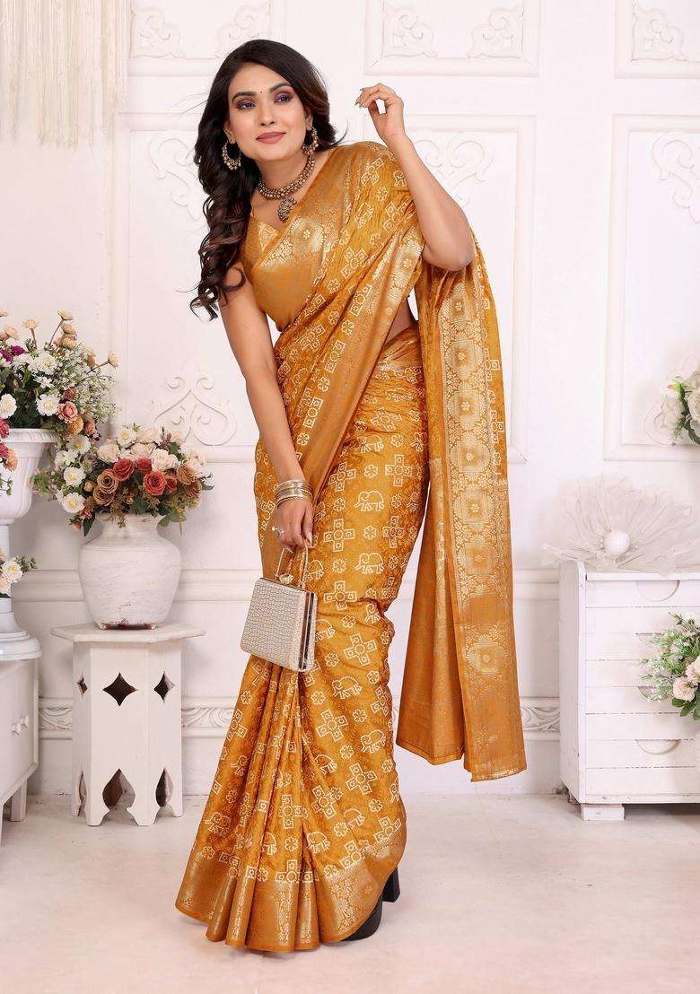 Mustard Zari Work Silk Blend Saree Set - Indya