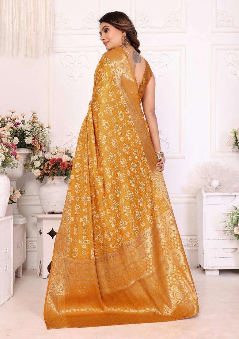 Mustard Zari Work Silk Blend Saree Set - Indya