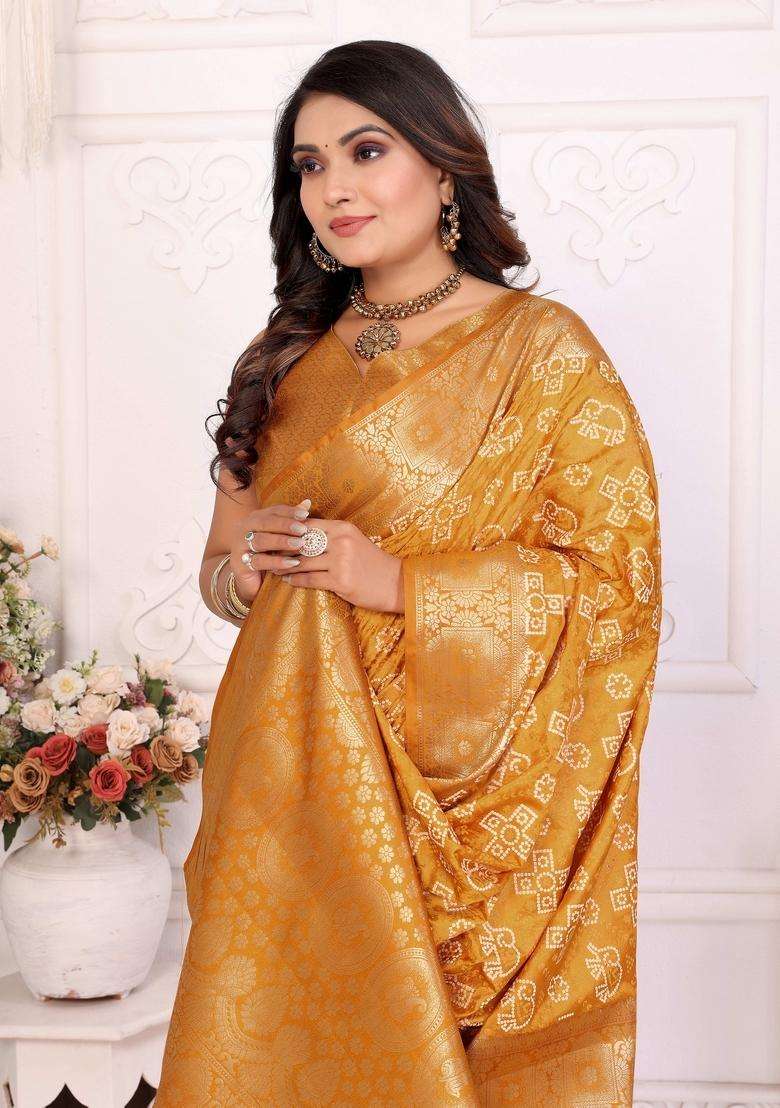 Mustard Zari Work Silk Blend Saree Set - Indya