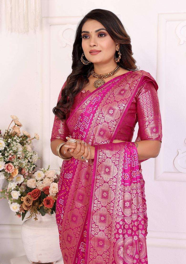 Magenta Zari Work Silk Blend Saree Set - Indya
