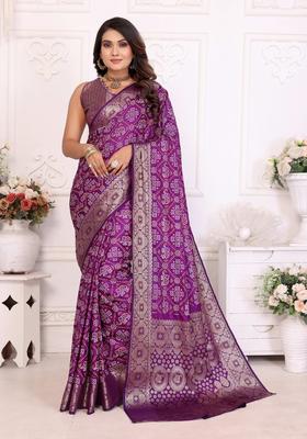 Purple Zari Work Silk Saree Set