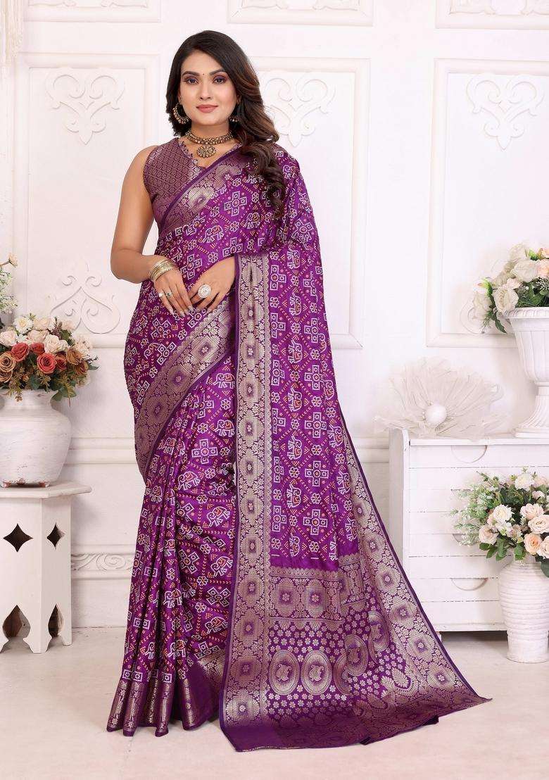 Purple Zari Work Silk Blend Saree Set - Indya