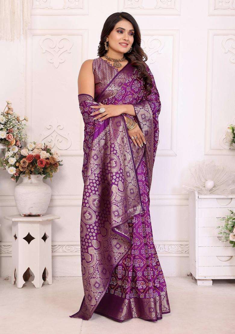 Purple Zari Work Silk Blend Saree Set - Indya