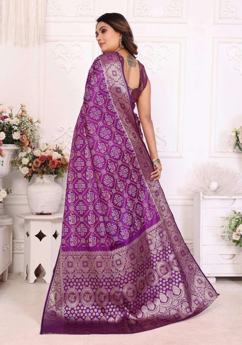 Purple Zari Work Silk Blend Saree Set - Indya
