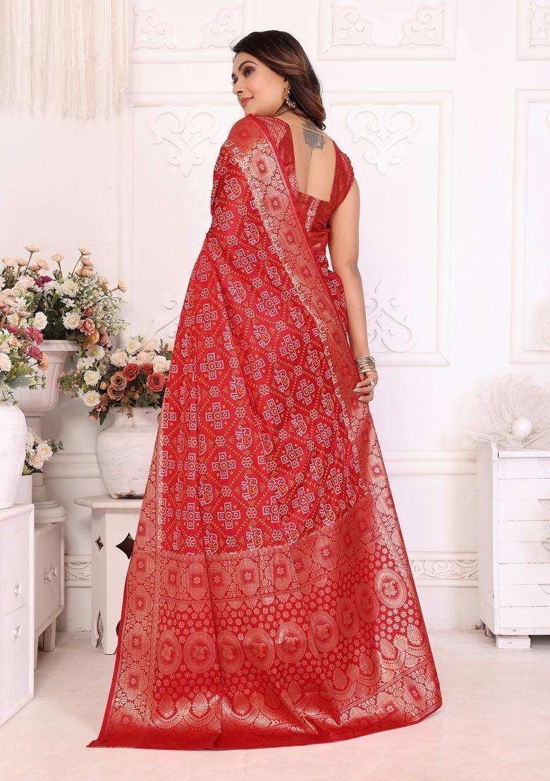 Red Zari Work Silk Blend Saree Set - Indya