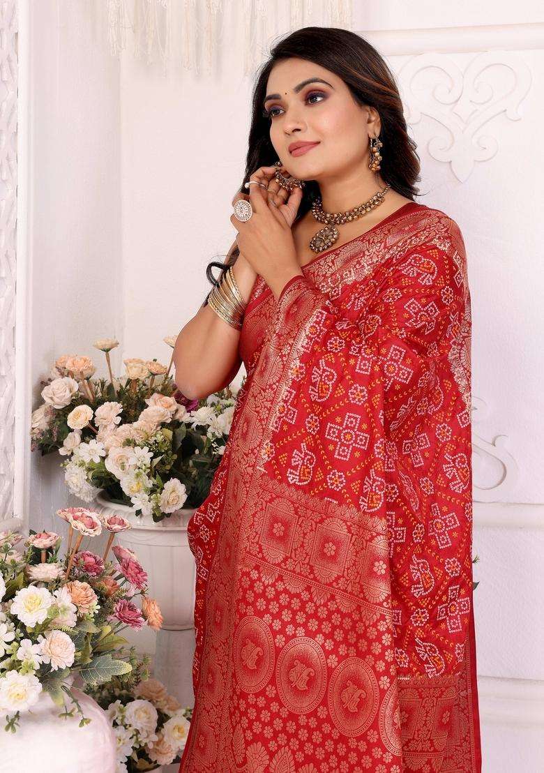 Red Zari Work Silk Blend Saree Set - Indya