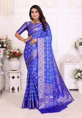 Royal Blue Zari Work Silk Saree Set