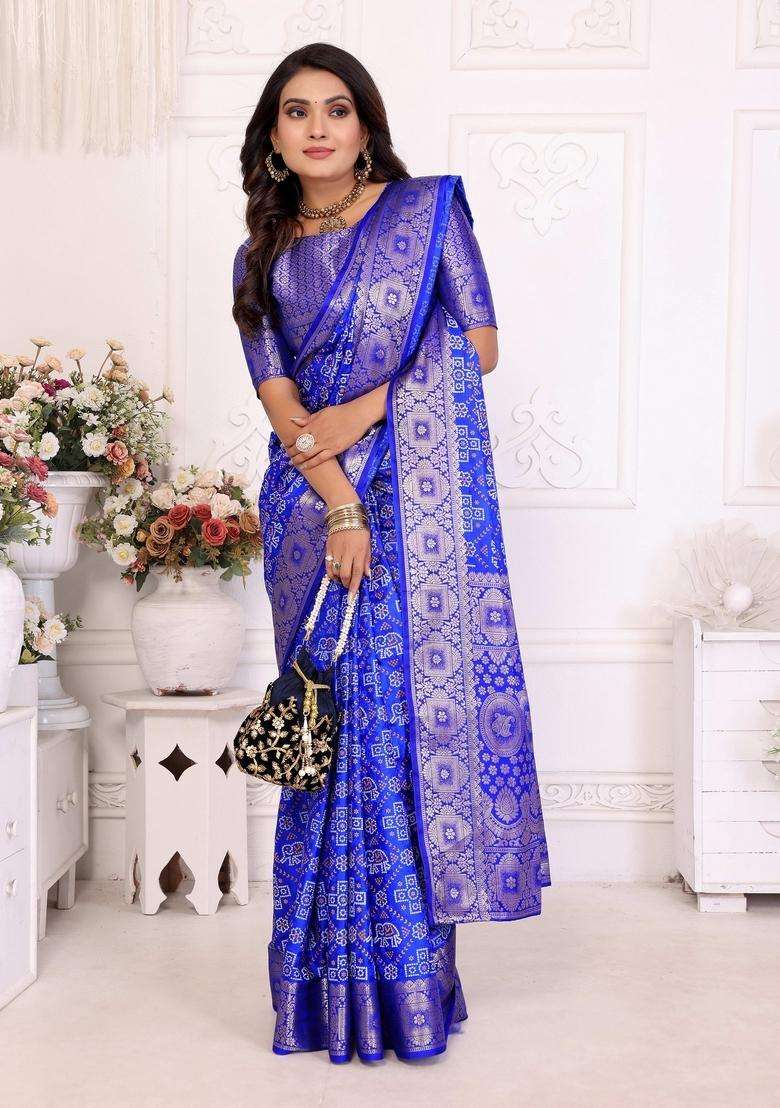 Royal Blue Zari Work Silk Blend Saree Set - Indya