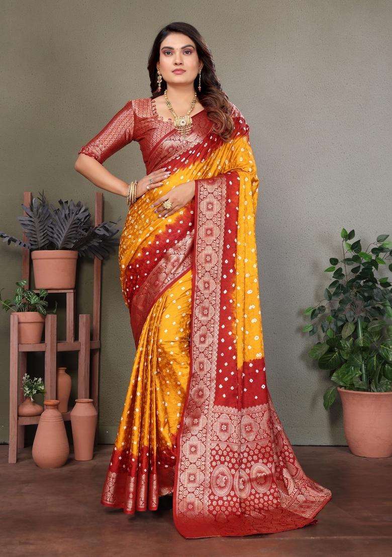 Yellow Zari Work Silk Saree Set - Indya