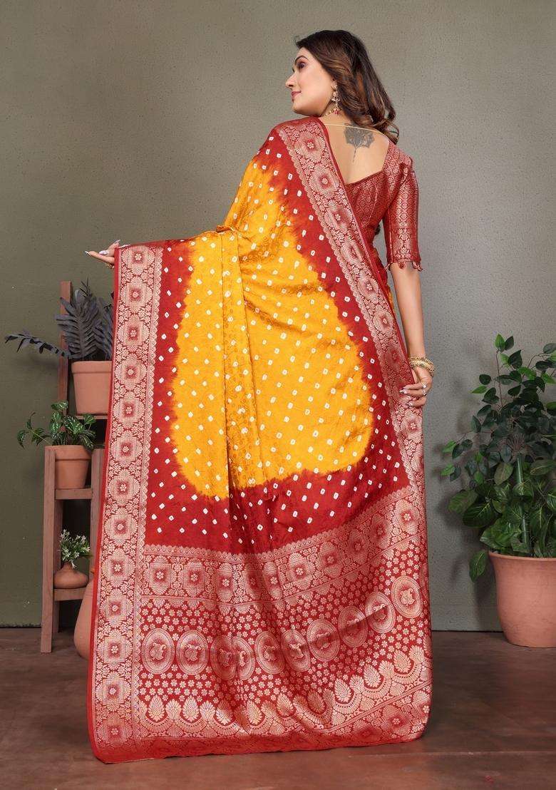 Yellow Zari Work Silk Saree Set - Indya