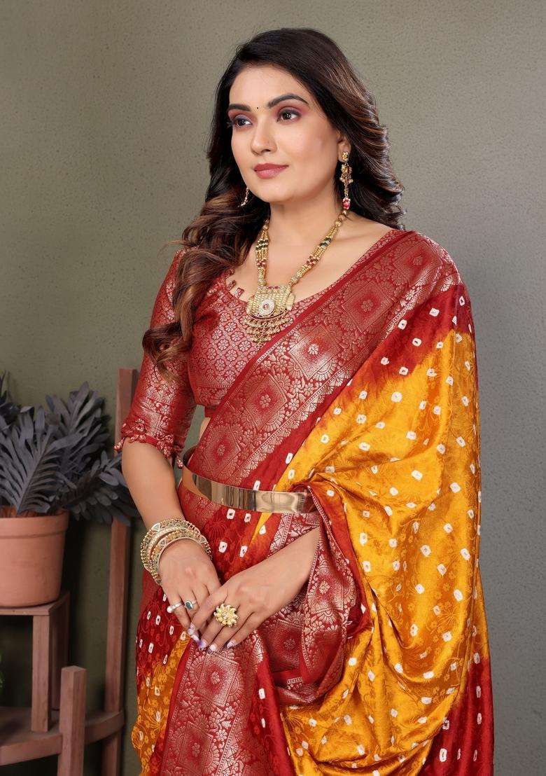 Yellow Zari Work Silk Saree Set - Indya