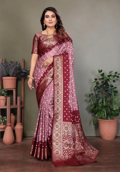 Rust Zari Work Silk Saree Set — view on Indya