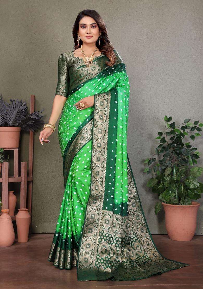 Parrot Green Zari Work Silk Saree Set - Indya
