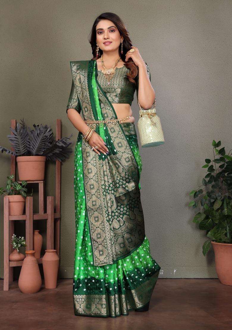 Parrot Green Zari Work Silk Saree Set - Indya