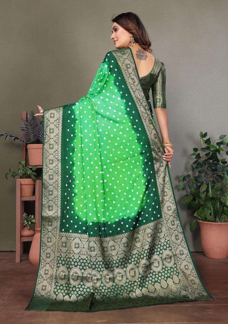 Parrot Green Zari Work Silk Saree Set - Indya