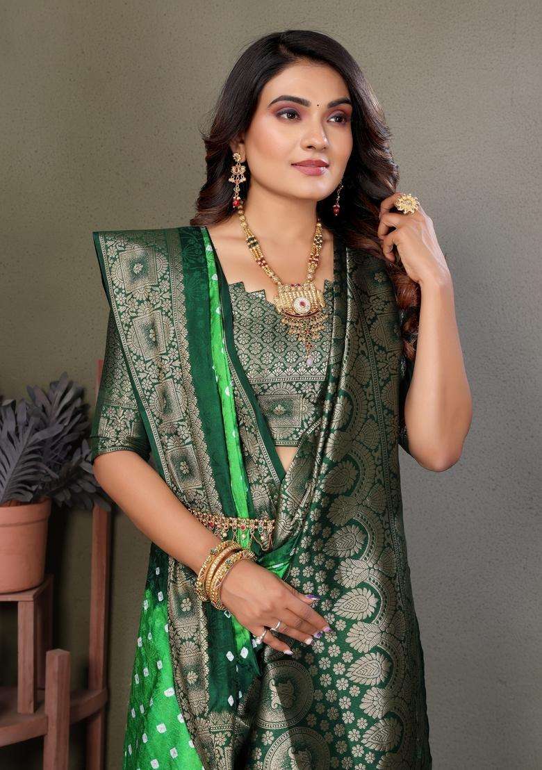 Parrot Green Zari Work Silk Saree Set - Indya