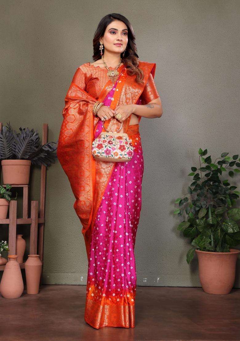 Pink Zari Work Silk Saree Set - Indya