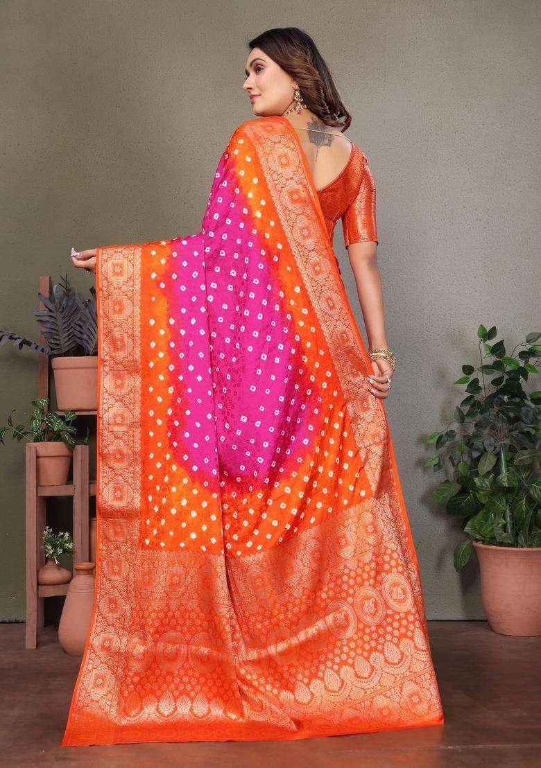 Pink Zari Work Silk Saree Set - Indya
