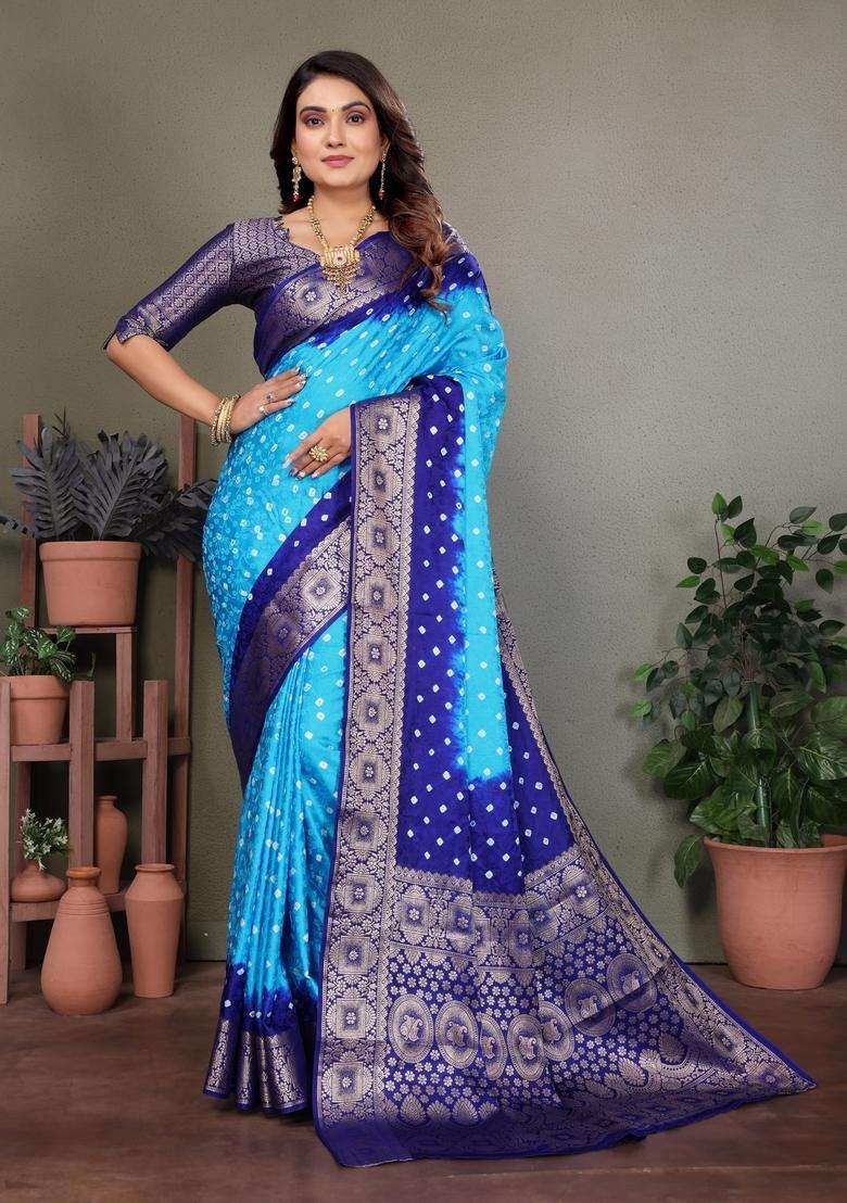 Sky Blue Zari Work Silk Saree Set - Indya