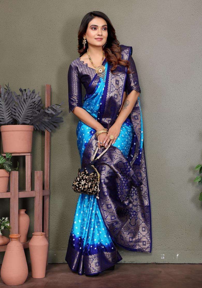 Sky Blue Zari Work Silk Saree Set - Indya