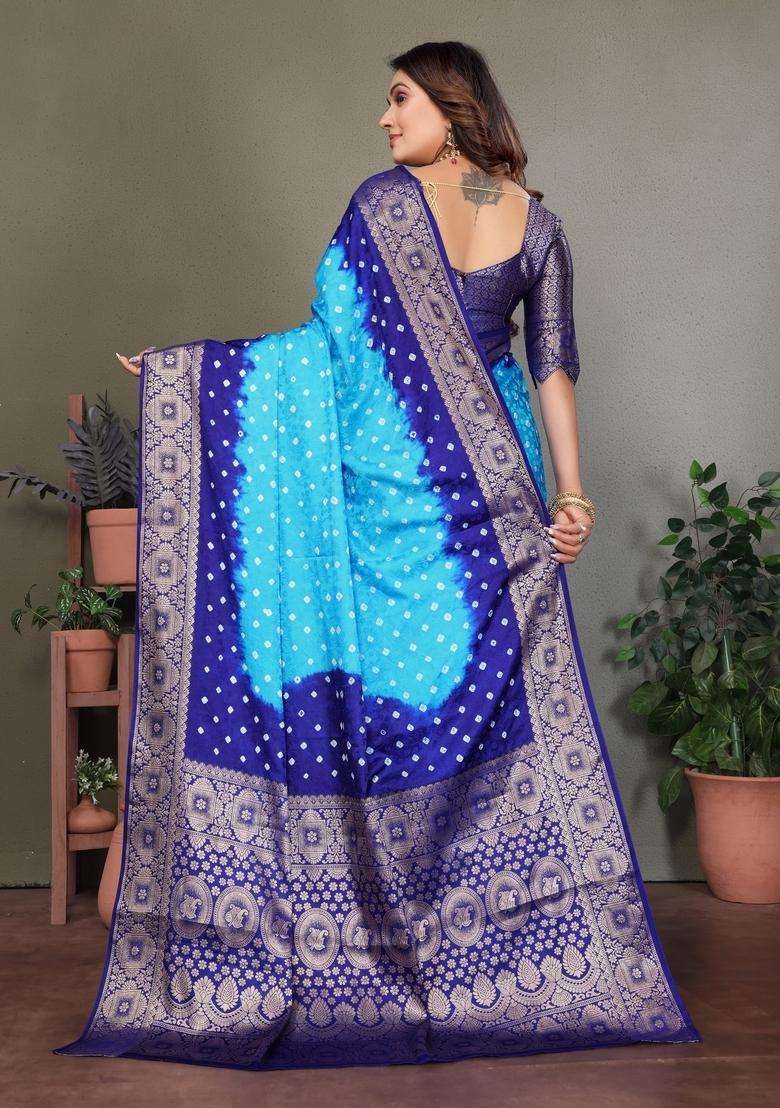 Sky Blue Zari Work Silk Saree Set - Indya