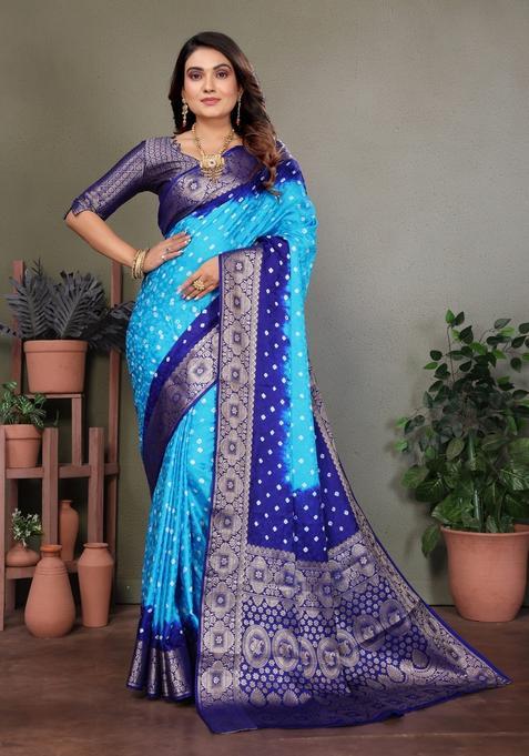 Sky Blue Zari Work Silk Saree Set
