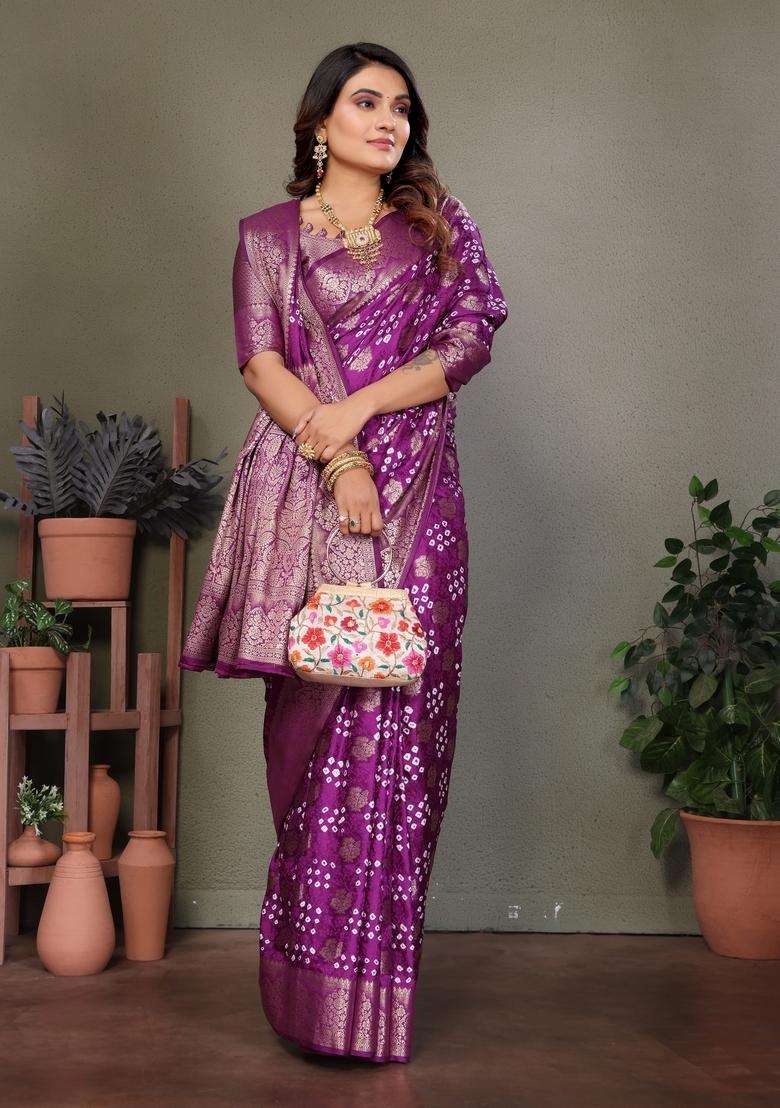 Wine Zari Work Silk Saree Set - Indya