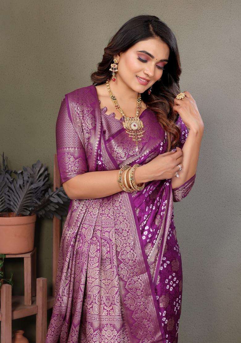 Wine Zari Work Silk Saree Set - Indya
