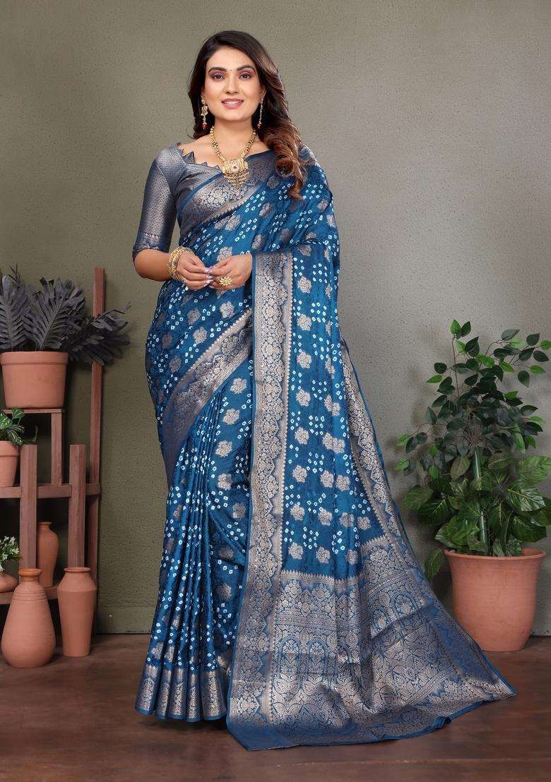 Teal Blue Zari Work Silk Saree Set - Indya